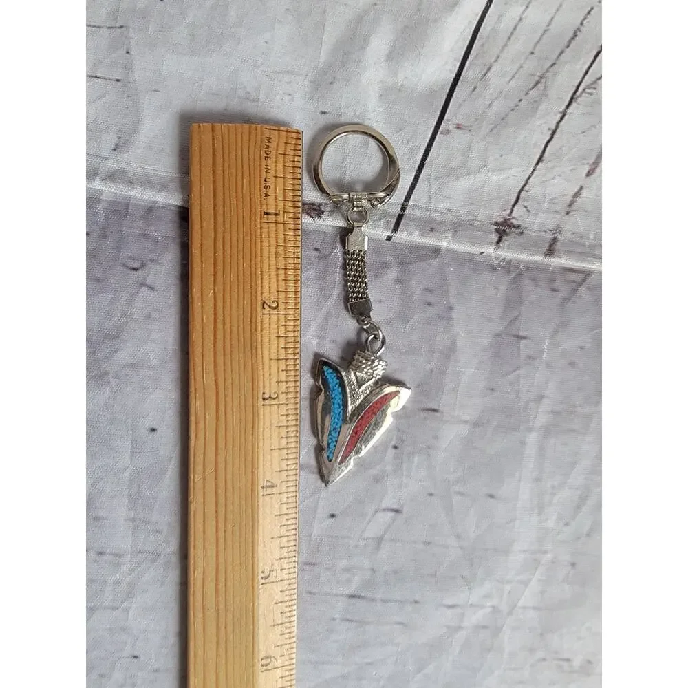 Turquoise and Coral Gemstone Inlay Southwestern Style Silver Tone Keychain